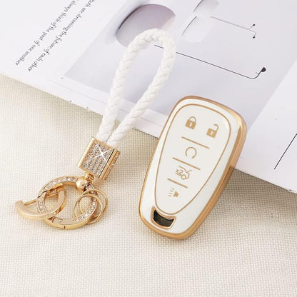 PIFOOG Key Fob Case for Chevy TPU 5 Button Keys Cover Shell Glittering Car Keychain for Malibu Equinox Trax Camaro Blazer Traverse Trailblazer Spark Girly Cute White Gold