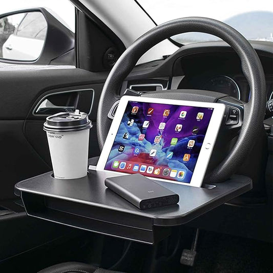 Double-use Steering Wheel Tray(14.5*11inch), Car Food Trays for Eating with Drinks Holder, Car Trays for Eating for Pad Laptop, Multipurpose Travel Car Accessories, Fits Most Vehicles Steering Wheels
