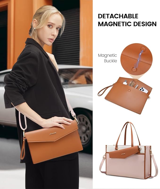LOVEVOOK Laptop Bag for Women, 15.6'' Laptop Tote Purse 2-in-1 Professional Work Bag Business Briefcase with Clutch Purse, Waterproof Leather Computer Handbag for Teacher Office Travel