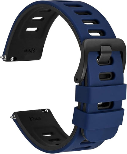 WOCCI 22mm Bicolor Watch Band, Silicone Rubber, Quick Release Replacement Strap for Men and Women, Black Stainless Steel Buckle (Blue-Black)