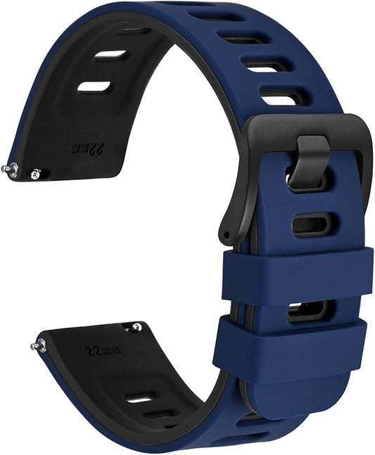 WOCCI 22mm Bicolor Watch Band, Silicone Rubber, Quick Release Replacement Strap for Men and Women, Black Stainless Steel Buckle (Blue-Black)