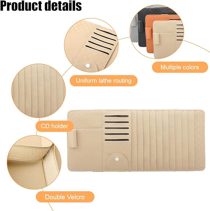 Zpana Car Sun Visor CD Case Holder, Multi-Function Vehicle DVD Eyeglass Organizer Clip with 10 DVD Storage Sleeves, Automotive Card Slots & Pen Holder Bag, Universal for SUV RV Truck (Beige)
