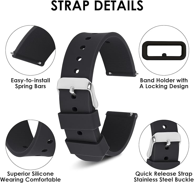 cobee Silicone Watch Bands 18mm 20mm 22mm Quick Release Replacement Watchbands Straps with Stainless Steel Buckle Soft Rubber Watch Band for Men
