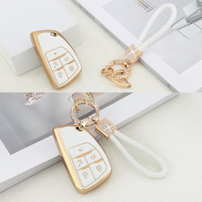 PIFOOG Key Fob Cover for Chevy Buick 5 Button Car Smart Keys Shell Case Glitter Key Chain Full Covers for GMC Sierra Silverado 1500 Envision Girl Women White Gold TPU