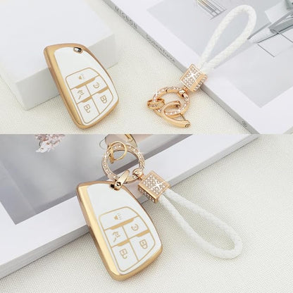 PIFOOG Key Fob Cover for Chevy Buick 5 Button Car Smart Keys Shell Case Glitter Key Chain Full Covers for GMC Sierra Silverado 1500 Envision Girl Women White Gold TPU