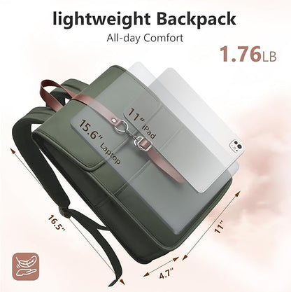 Laptop Backpack for Men Women, Slim Work Travel Backpack with USB Charging Port, Lightweight Computer College Backpack Bag, Vintage Commuter Casual Daypack Fits 15.6 Inch Laptop -Green