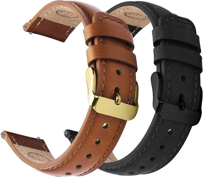Fullmosa 18mm 20mm 22mm 24mm Leather Watch Bands, 2 Pack Soft Quick Release Watch Strap Compatible with Garmin Vivoactive 5/6/4/3, Venu 4/3S/2S, Samsung Galaxy Fossil Amazfit for Men Women,22mm Toffee Brown&gold/Black&Black