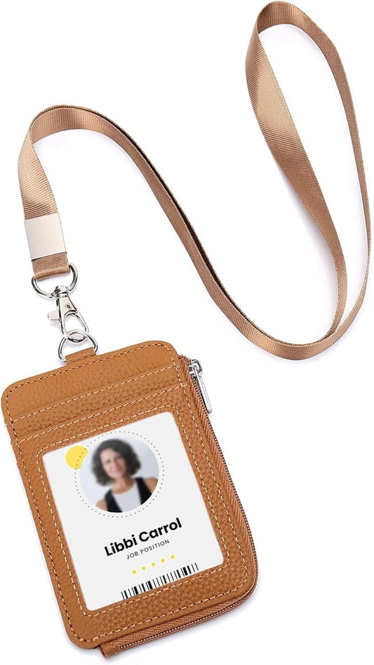 Badge Holder – Genuine Leather ID Badge Holder with Zipper Pocket and Nylon Lanyard – Perfect for Badges, Cards, and More