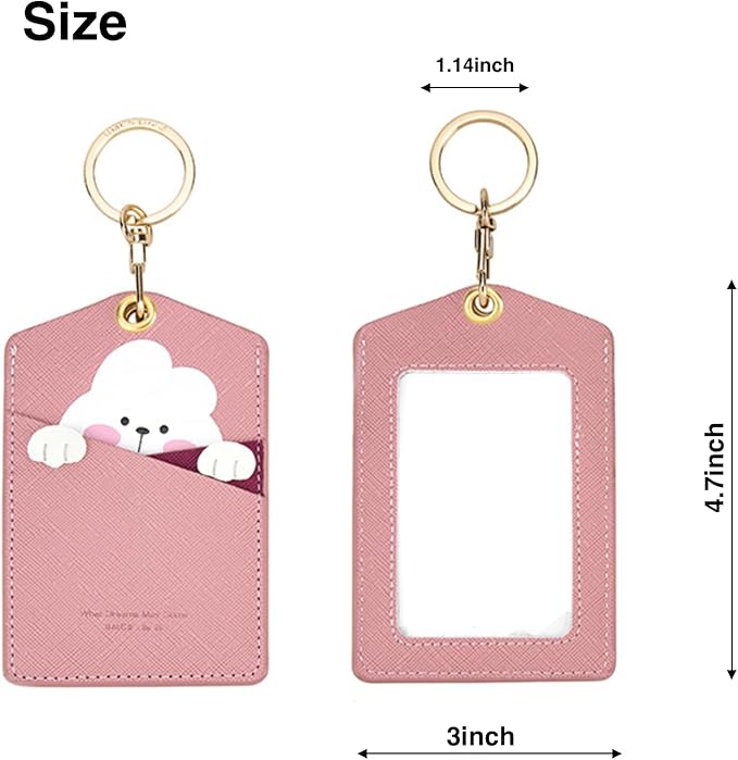PU Leather ID Badge Holder with Keychain - Cartoon Animal Cute ID Badge Holder, 3 Card Slots for Professionals, Students, Nurse Officer, School Women Girls Boys (Pink)