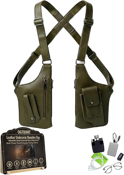 Leather Underarm Shoulder Bag Adjustable Strap Crossbody Chest Sling Satchel Multi Pocket Travel Everyday Vintage Classic