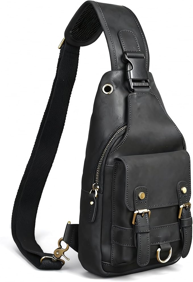 Genuine Leather Hiking Travel DayPack Sling Crossbody Triangle Chest Pack Bag For Men Women 8241 (Dark Black 258204)