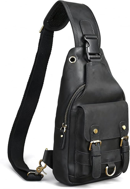 Genuine Leather Hiking Travel DayPack Sling Crossbody Triangle Chest Pack Bag For Men Women 8241 (Dark Black 258204)