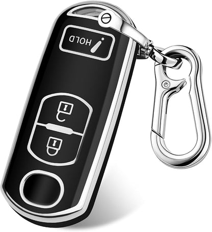 FT FUNTOR for Mazda Key Cover,3 Buttons TPU Key Cover with Silver Edge,Compatible with Mazda 3 6 CX-3 CX-5 CX-7 CX-9 with Keychain (B-Black)