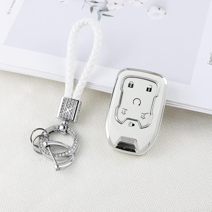PIFOOG Key Cover for Chevy TPU Soft Car Keys Shell Protector with Glittering Car Keychain Accessories for Suburban Tahoe GMC Yukon Key Fob Girly Women Men White