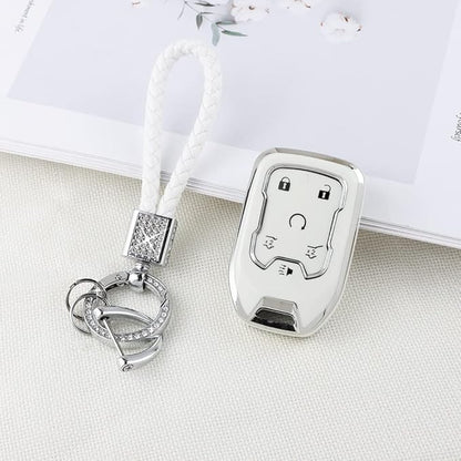 PIFOOG Key Cover for Chevy TPU Soft Car Keys Shell Protector with Glittering Car Keychain Accessories for Suburban Tahoe GMC Yukon Key Fob Girly Women Men White