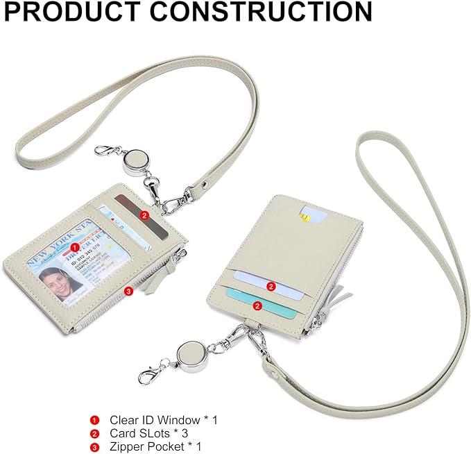SENDEFN Retractable Badge Holder Wallet, Genuine Leather ID Card Holder with Removable Neck Lanyard Clasp, Five Card Slots, for Office Staff Women