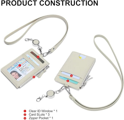 SENDEFN Retractable Badge Holder Wallet, Genuine Leather ID Card Holder with Removable Neck Lanyard Clasp, Five Card Slots, for Office Staff Women