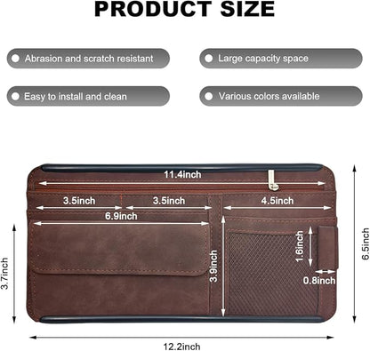 Car Sun Visor Organizer, Leather Sun Visor Pocket Organizer Case with Multi-Pocket Net Zipper, Suede Note Holder Car Visor Storage Pouch for Card Pen Sunglasses Document (Brown)