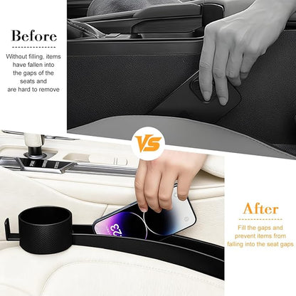2PCS Car Seat Gap Filler, Dual Slot Carbon Fiber Vehicle Side Seat Gap Organizer Strip with Cup Holder, Auto Console Guard Spacer Stop Things from Dropping, Universal Fit (Black)