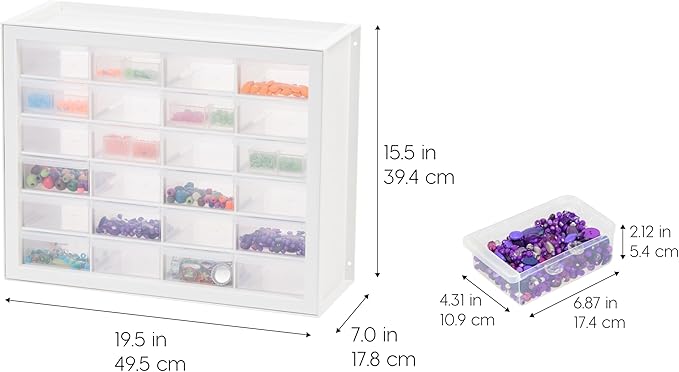 IRIS USA Plastic Storage Drawers, Made in USA, 24-Drawer Small Parts Organizer Cabinet, Stackable Teacher Toolbox for Crafts, Beads, Hardware, Screws, Nuts & Bolts, Scrapbook Supplies – White