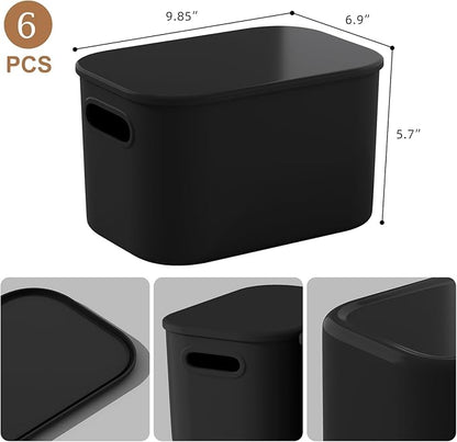 ORGIDOL 6 Pack Black Storage Bins with Lids Stackable Storage Container for Organizing, Black Storage Boxes with Handle for Shelves, Cute Organizer Bins for Craft, Snacks, 9.85x6.9x5.7 inch