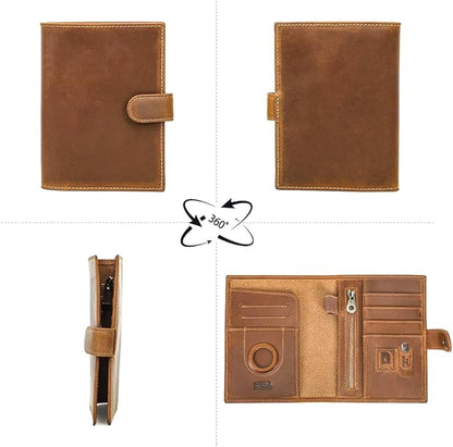 CONTACTS Full Grain Leather Passport Holder Compatible with Airtag RFID Blocking Passport Wallet Travel Slim Passport Cover with SIM Card Removal Tool (Camel Brown)