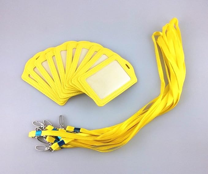 yueton 10pcs Vertical Style Leather Business ID Badge Card Holder, Name Card Business Card Holder Tag with Long Neck Strap Band Lanyard (Yellow)