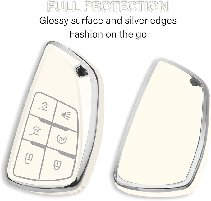 QBUC for Chevy Key Fob Cover with Keychain Soft TPU Protection Case Compatible with 2021-2026 Chevy Tahoe Suburban GMC Yukon Denali Silverado 6-Buttons(Chrome Trim White)