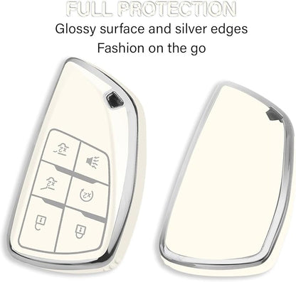 QBUC for Chevy Key Fob Cover with Keychain Soft TPU Protection Case Compatible with 2021-2026 Chevy Tahoe Suburban GMC Yukon Denali Silverado 6-Buttons(Chrome Trim White)