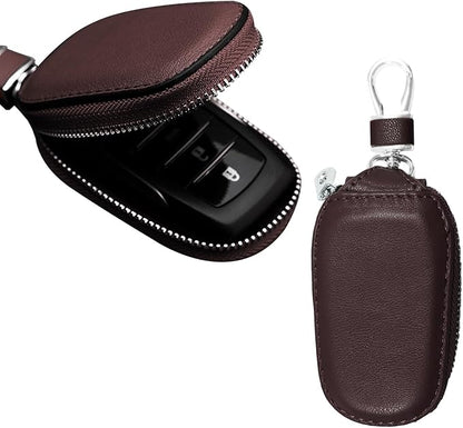 Car Key Case, Genuine Leather Auto Key Fob Cover Case, Key Fob Protector with Metal Hook, Car Smart Keychain Holder (Coffee)
