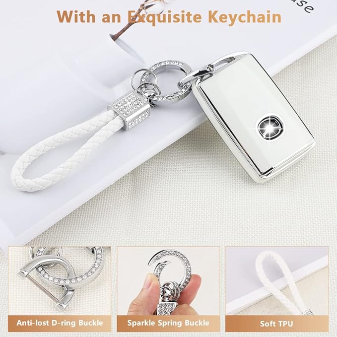 PIFOOG Car Key Case for Mazda 3 6 CX9 CX5 CX30 MX5 CX50 Accessories TPU Keys Fob Cover Shell Cute Bling Keychain Landyard Full Protection 4 Buttons Girly Women White Silver