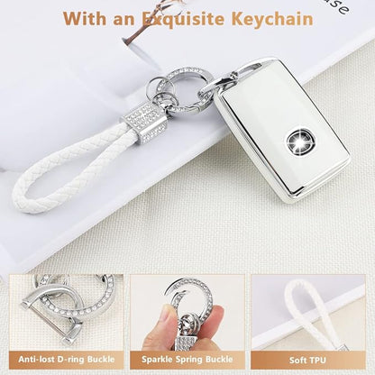 PIFOOG Car Key Case for Mazda 3 6 CX9 CX5 CX30 MX5 CX50 Accessories TPU Keys Fob Cover Shell Cute Bling Keychain Landyard Full Protection 4 Buttons Girly Women White Silver