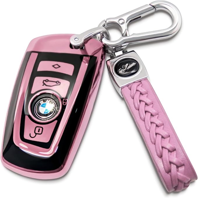 Creativity Suitable For BMW key fob cover. Advanced soft TPU key box is compatible with X1 X3 X4 X5 X6 1 2 4 5 6 7 M3 M5 M6 GT3 GT5 G30 F10 F15 F16 F20 key (Type A Pink Key Case + key chain set)