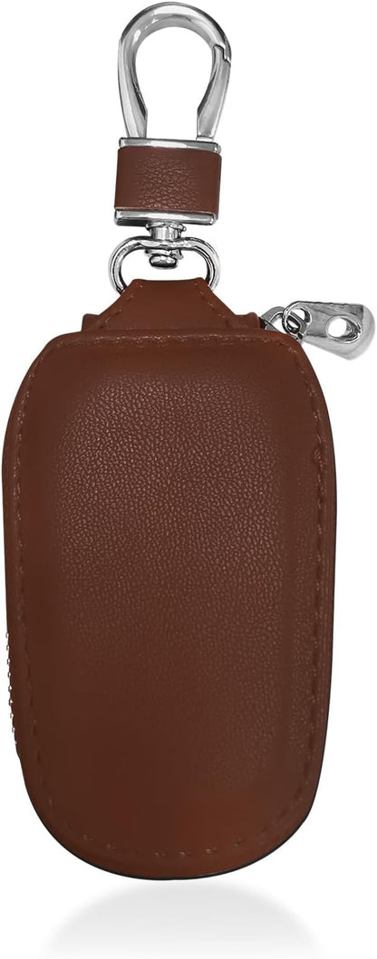 Car Key Case, Genuine Leather Auto Key Fob Protector, Universal Key Fob Cover Case with Metal Hook, Car Smart Keychain Holder for Remote Key Fob, Vehicle Keyring Zipper Bag (Coffee)
