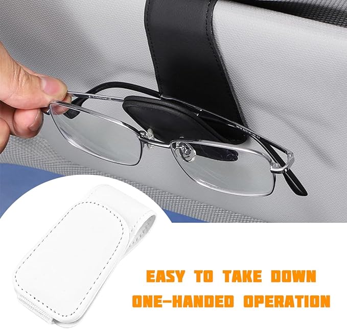Sunglasses Holder for Car Visor, Microfiber Leather Magnetic Sun Visor Eyeglasses Hanger & Ticket Card Clip, Multi-Function Automotive Interior Glasses Mount, Universal Fit (White)