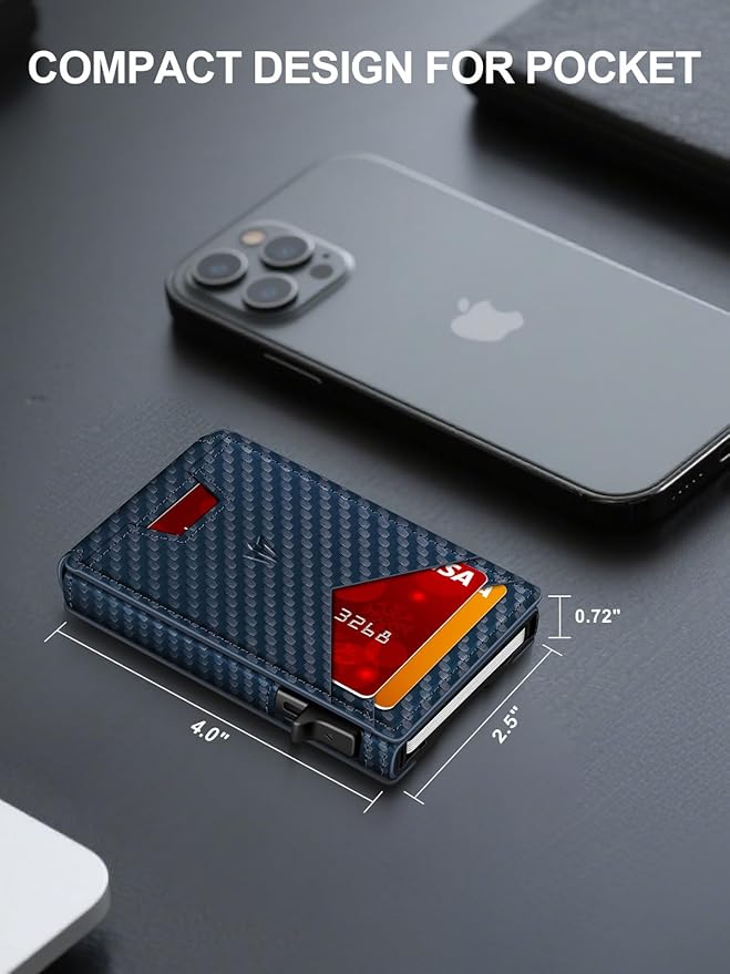 Wallet for Men, Slim Minimalist Wallet with Money Clip＆ID Window, RFID Blocking Pop-Up Credit Card Holder, Smart Auminum Mens Wallet Holds 9-13 Cards (Gift Box) (Blue Carbon Fiber)