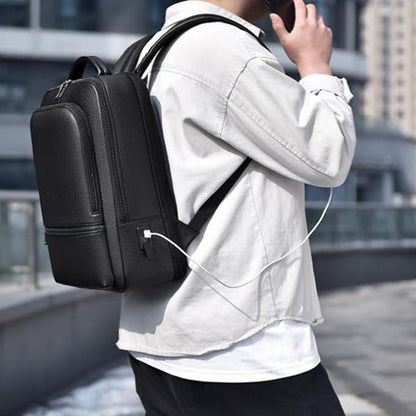 CHAO RAN Leather Laptop Backpack for Men Fit 15.6 Inch Laptop, Business Work Office College Medium Backpack with USB Charging Port, Waterproof Black Travel Bag (Black01)