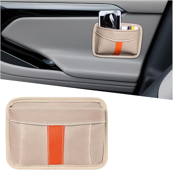 Car Seat Side Pocket Organizer, Leather Vehicle Seat Gap Filler Organizer, Automotive Console Side Cell Phone & Sunglasses Holder Storage Bag, Universal for SUV Automobile Truck (Beige)