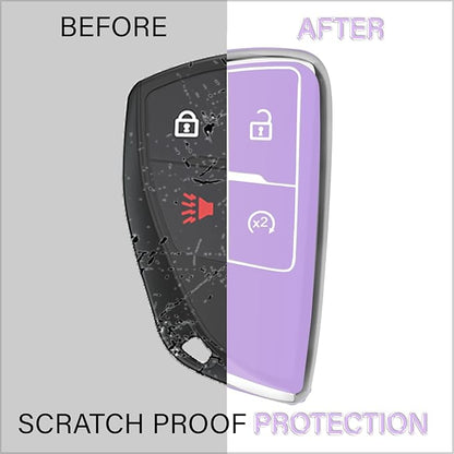 QBUC for Chevy Key Fob Cover with Keychain Soft TPU Protection Case Compatible with 2021-2026 Chevy Colorado Equinox Silverado GMC Canyon Sierra Terrain 4-Buttons(Chrome Trim Purple)