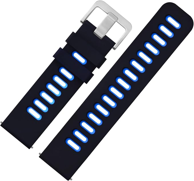WOCCI 19mm Bicolor Watch Band, Silicone Rubber, Quick Release Replacement Strap for Men and Women, Silver Stainless Steel Buckle (Black-Blue)
