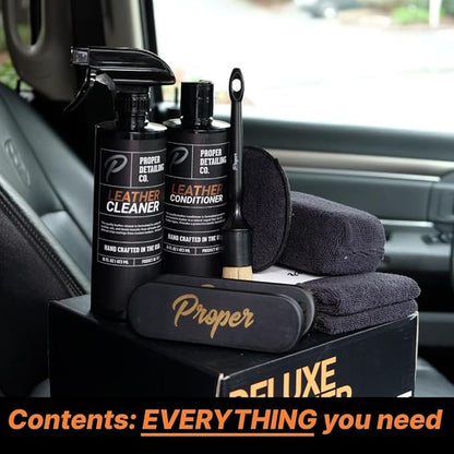 PROPER DETAILING CO. Car Leather Cleaner and Conditioner, Clean and Protect for long lasting leather, 9 Piece Deluxe Leather Care kit for professional results, leather car cleaner, conditioner leather