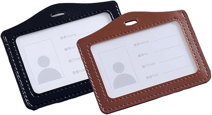 2 Pcs Black Brown Durable Leather ID Badge Holder, Double Sided Clear Window Horizontal Holders Waterproof Name Card Holders for Office, Staff, Students