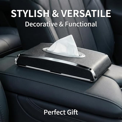 Faux Leather Car Tissue Holder for Interior, Multi-Function Tissue Box, Armrest & Back Seat Tissue Organizer, Sleek Kleenex Holder (Black Flat)