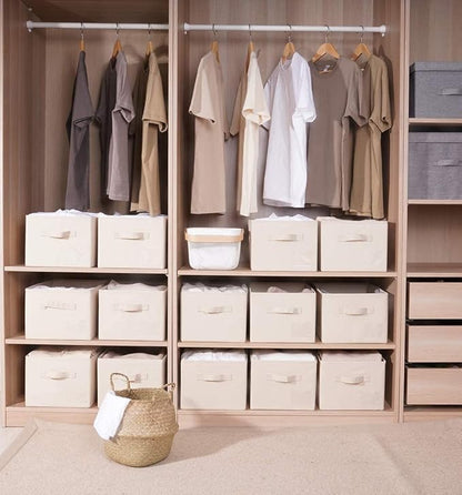 Basics Fabric Clothing Storage Bins - 10.6" x 10.6" x 11" - Collapsible Storage Cubes Organizer with Handles, Linen Foldable Storage Baskets Cloth Box Containers, Closet Organizers 6PC Beige