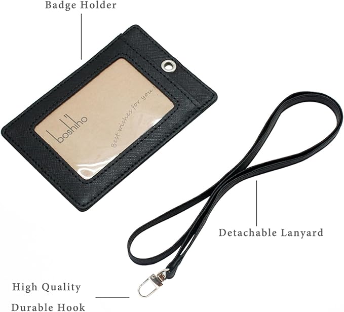 Boshiho Vertical Style Leather ID Card Badge Holder with Heavy Duty Lanyard (Black 2)