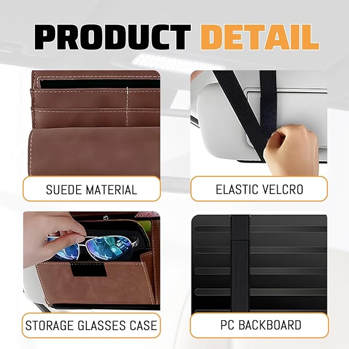 Car Sun Visor Organizer, Leather Vehicle Visor Card License Storage Pouch with Glasses Holder, Multifunctional Auto Interior Sunshade Document Pocket Organizer, Universal for Vehicles (Brown)