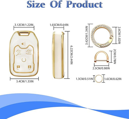 Soft TPU Key Fob Cover Case Shell Protector Key Cover Compatible with Chevy Chevrolet Suburban Tahoe GMC Terrain Yukon Yukon XL Car Key with Bling Keychain for Accessories (White)