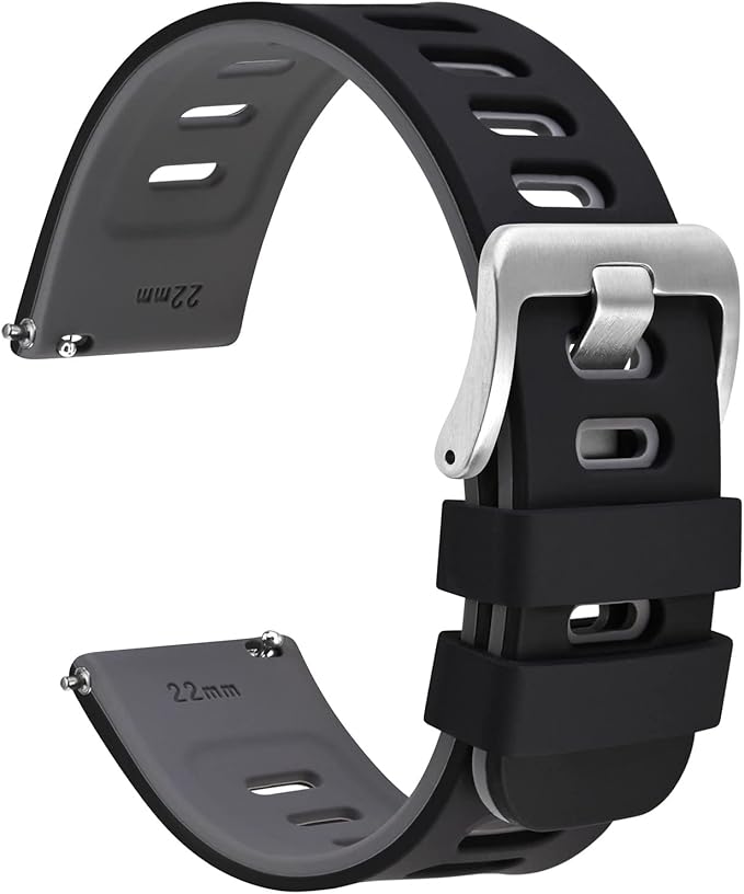 WOCCI 22mm Bicolor Watch Band, Silicone Rubber, Quick Release Replacement Strap for Men and Women, Silver Stainless Steel Buckle (Black-Grey)