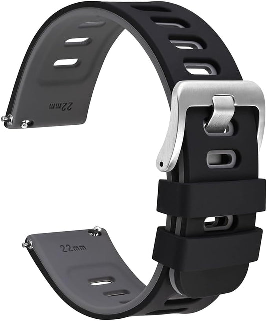 WOCCI 22mm Bicolor Watch Band, Silicone Rubber, Quick Release Replacement Strap for Men and Women, Silver Stainless Steel Buckle (Black-Grey)