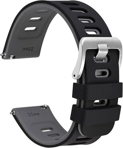 WOCCI 19mm Bicolor Watch Band, Silicone Rubber, Quick Release Replacement Strap for Men and Women, Silver Stainless Steel Buckle (Black-Grey)